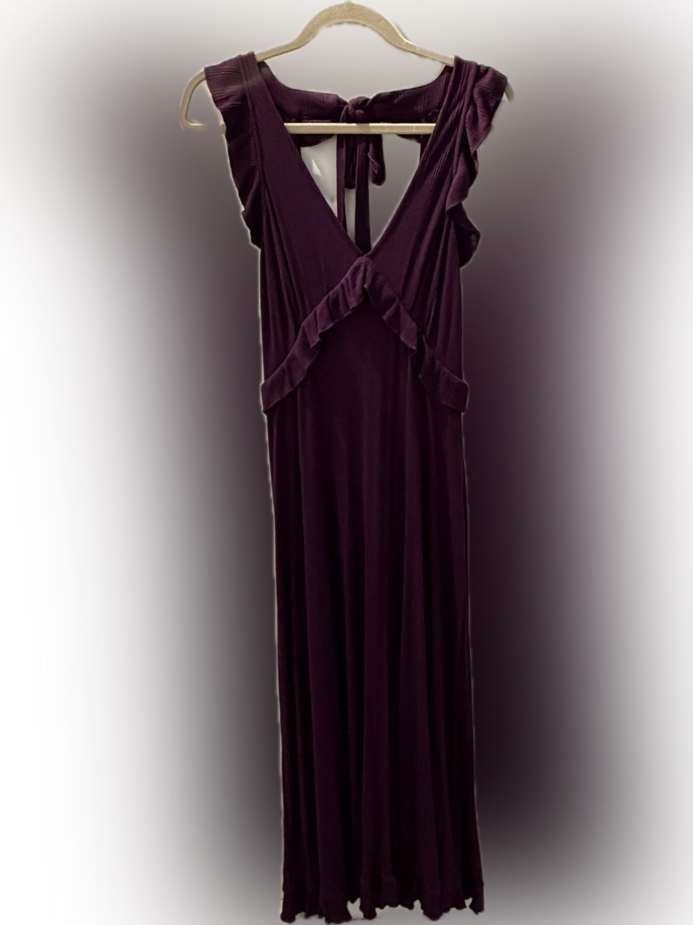 Anthropologie Deep-V Ruffle Trim Maxi Dress | Stretch Knit | Romantic | Size M - Picture 7 of 8